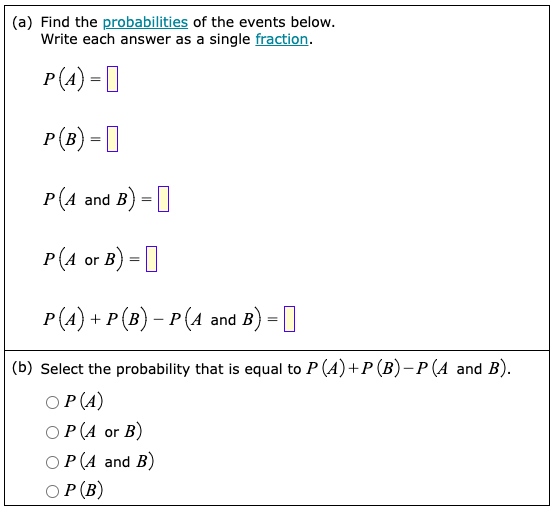 (a) Find the probabilities of the events below.
Write each answer as a single fraction.
P(A) =
P(B) =
P(A and B) =
P(A or B) =
P(A) + P (B) - P(A and B) =
(b) Select the probability that is equal to P (A)+P (B)-P (A and B).
OP (A)
OP (A or B)
P (A and B)
OP (B)