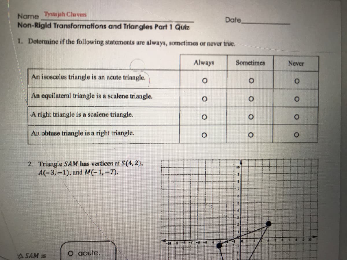 Name Tystujah Chavers
Non-Rigid Transformations and Triangles Part 1 Quiz
Date
1. Determine if the following statements are always, sometimes or never true.
Always
Sometimes
Never
An isosceles triangle is an acute triangle.
Of
An equilateral triangle is a scalene triangle.
A right triangle is a scalene triangle.
An obtuse triangle is a right triangle.
2. Triangle SAM has vertices at S(4, 2),
A(-3,-1), and M(-1,-7).
ASAM is
O acute.
