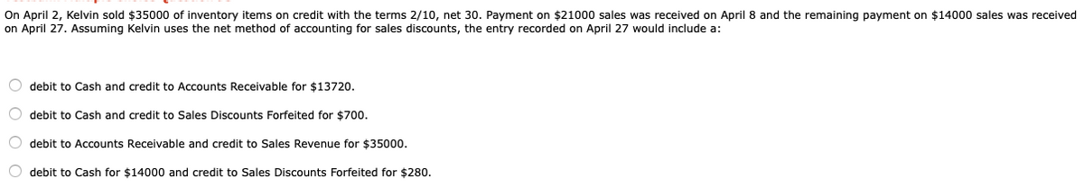 On April 2, Kelvin sold $35000 of inventory items on credit with the terms 2/10, net 30. Payment on $21000 sales was received on April 8 and the remaining payment on $14000 sales was received
on April 27. Assuming Kelvin uses the net method of accounting for sales discounts, the entry recorded on April 27 would include a:
debit to Cash and credit to Accounts Receivable for $13720.
debit to Cash and credit to Sales Discounts Forfeited for $700.
debit to Accounts Receivable and credit to Sales Revenue for $35000.
O debit to Cash for $14000 and credit to Sales Discounts Forfeited for $280.
