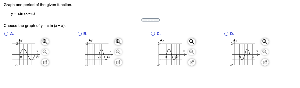 Graph one period of the given function.
y= sin (x- T)
.....
Choose the graph of y = sin (x - n).
OA.
OB.
Oc.
OD.
Ay
Ay
2 NA
