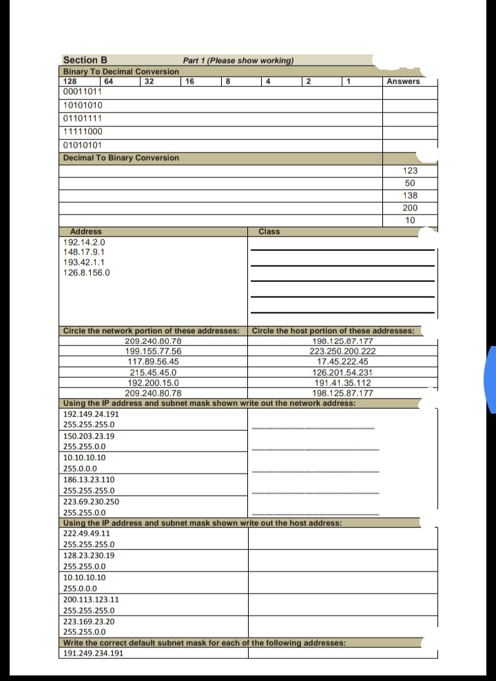 129 22 230.19
255.255.255.0
Section B
Part 1 (Please show working)
Binary To Decimal Conversion
128
00011011
| 10101010
64
32
| 16
| 8
4
1 2
|
1
Answers
01101111
11111000
01010101
Decimal To Binary Conversion
123
50
138
200
10
Address
Class
192.14.2.0
148.17.9.1
193.42.1.1
126.8.156.0
Circle the network portion of these addresses
Circle the host portion of these addresses:
209.240.80.78
198.125.87.177
199.155.77.56
223.250.200.222
117,89,56.45
17.45.222.45
126.201.54.231
191.41.35.112
215.45.45.0
192.200.15.0
209.240.80.78
198.125.87.177
Using the IP address and subnet mask shown write out the network address
192.149.24.191
255.255.255.0
150.203.23.19
255.255.0.0
10.10.10.10
255.0.0.0
186.13.23.110
255.255.255.0
223.69.230.250
255.255.0.0
Using the IP address and subnet mask shown write out the host address:
222.49.49.11
128.23.230.19
| 255.255.0.0
30 10.10
10.10.10.10
255.0.0.0
200.113.123.11
255.255.255.0
223.169.23.20
255.255.0.0
Write the correct default subnet mask for each of the following addresses:
191.249.234.191
