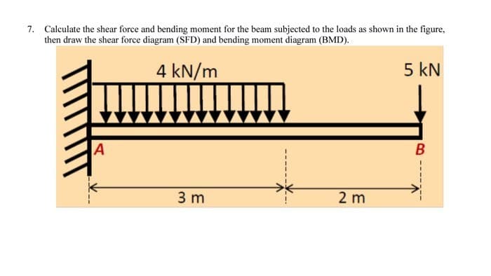 7. Calculate the shear force and bending moment for the beam subjected to the loads as shown in the figure,
then draw the shear force diagram (SFD) and bending moment diagram (BMD).
4 kN/m
5 kN
B
3 m
2 m
