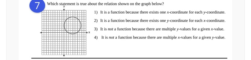 7
Which statement is true about the relation shown on the graph below?
1) It is a function because there exists one x-coordinate for each y-coordinate.
2) It is a function because there exists one y-coordinate for each x-coordinate.
3) It is not a function because there are multiple y-values for a given x-value.
4) It is not a function because there are multiple x-values for a given y-value.
