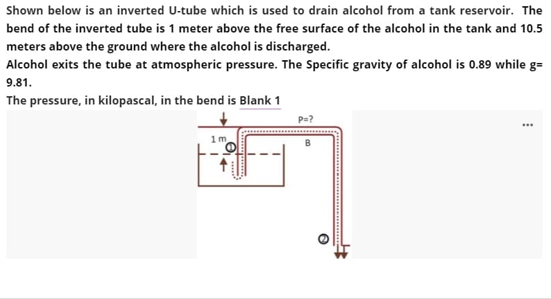 Shown below is an inverted U-tube which is used to drain alcohol from a tank reservoir. The
bend of the inverted tube is 1 meter above the free surface of the alcohol in the tank and 10.5
meters above the ground where the alcohol is discharged.
Alcohol exits the tube at atmospheric pressure. The Specific gravity of alcohol is 0.89 while g=
9.81.
The pressure, in kilopascal, in the bend is Blank 1
P=?
...
1m
B
