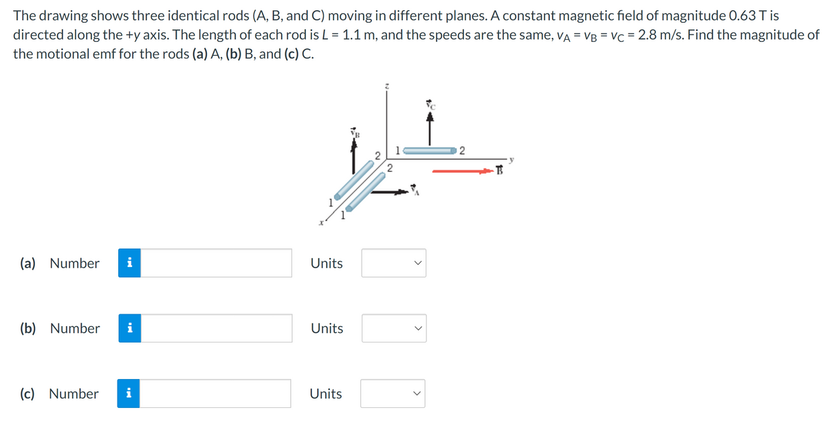 The drawing shows three identical rods (A, B, and C) moving in different planes. A constant magnetic field of magnitude 0.63 T is
directed along the +y axis. The length of each rod is L = 1.1 m, and the speeds are the same, VA = VB = VC = 2.8 m/s. Find the magnitude of
the motional emf for the rods (a) A, (b) B, and (c) C.
(a) Number
Units
(b) Number
B
Units
(c) Number i
Units
2
2
>
2
B