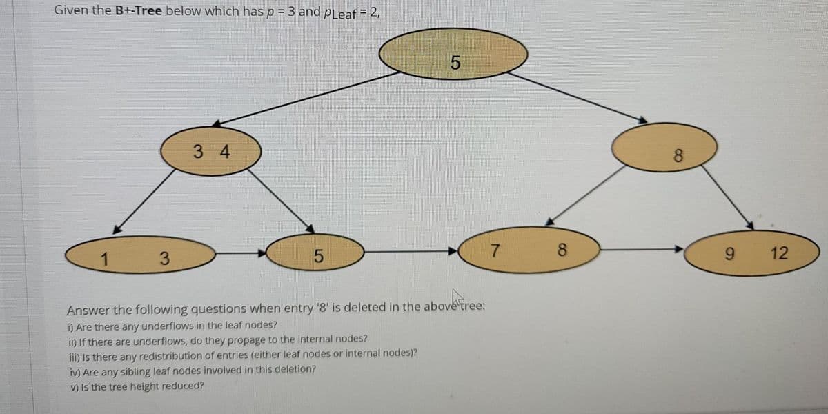 Given the B+-Tree below which has p = 3 and pLeaf = 2,
5.
3 4
1
3
8
9 12
Answer the following questions when entry '8' is deleted in the above tree:
i) Are there any underflows in the leaf nodes?
ii) If there are underflows, do they propage to the internal nodes?
iii) Is there any redistribution of entries (either leaf nodes or internal nodes)?
iv) Are any sibling leaf nodes involved in this deletion?
V) Is the tree height reduced?
