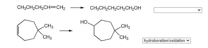 CH;CH2CH2CH=CH2
CH3CH2CH2CH,CH2OH
Но.
CH3
CH3
`CH3
CH3
hydroboration/oxidation
