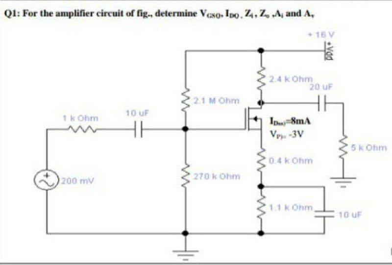 Q1: For the amplifier circuit of fig., determine Veso, Ipo, Z4, Z A, and A,
+ 16 V
2.4 k Ohm
20 uF
2.1 M Ohm
10 uF
1k Ohm
Ips 8mA
VP-3V
5k Ohm
0.4 k Ohm
200 mV
270 k Ohm
1.1 k Ohm,
10 uF
Vad
