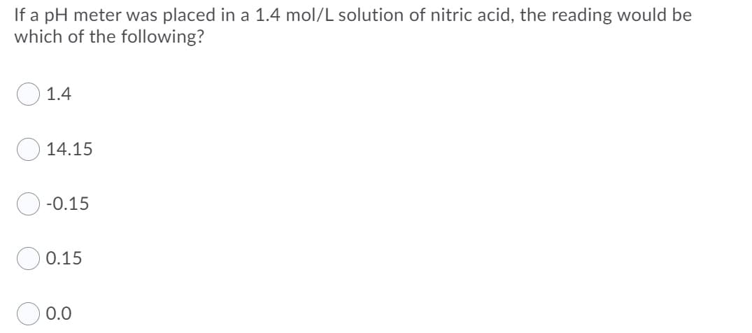 If a pH meter was placed in a 1.4 mol/L solution of nitric acid, the reading would be
which of the following?
1.4
14.15
-0.15
0.15
0.0
