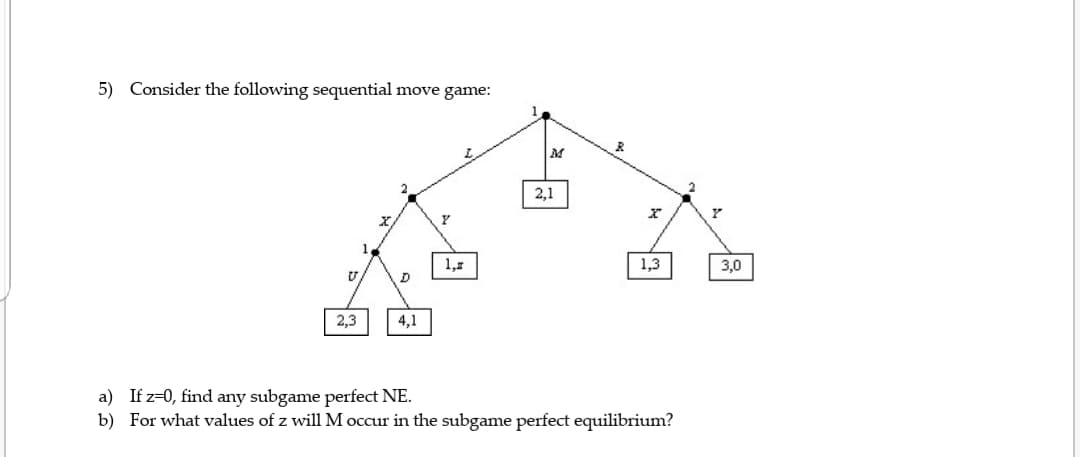 5) Consider the following sequential move game:
M
2,1
1,3
1,3
3,0
2,3
4,1
a) If z=0, find any subgame perfect NE.
b) For what values of z will M occur in the subgame perfect equilibrium?
