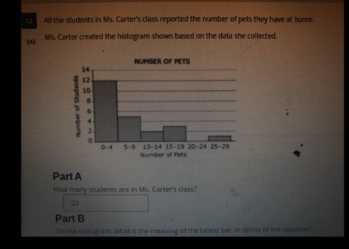 All the students in Ms. Carter's class reported the number of pets they have at home.
12
Ms. Carter created the histogram shown based on the data she collected.
(a)
NUMBER OF PETS
14
12
10
10-14 15-19 20-24 25-29
Number of Pets
0-4
5-9
Part A
How many students are in Ms. Carter's class?
23
Part B
On the histogram, what is the meaning of the tallest bar, in terms of the situation?
Number of Students
