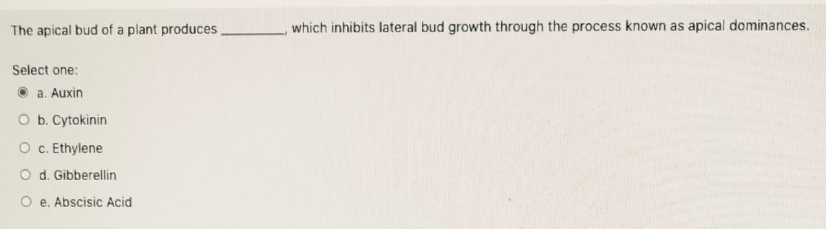 The apical bud of a plant produces
which inhibits lateral bud growth through the process known as apical dominances.
Select one:
O a. Auxin
O b. Cytokinin
O c. Ethylene
O d. Gibberellin
O e. Abscisic Acid
