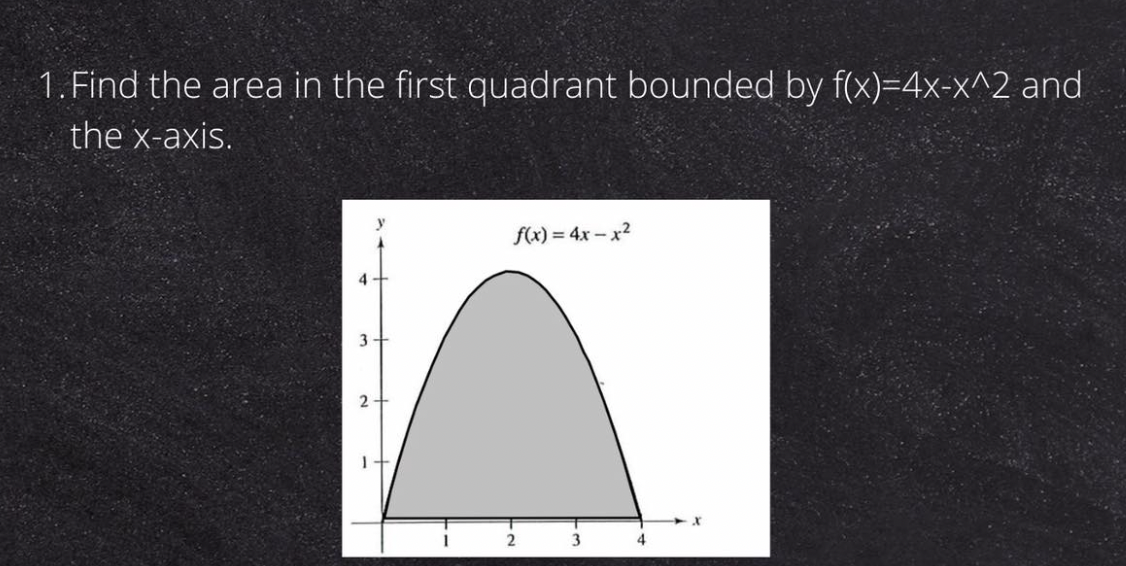 1. Find the area in the first quadrant bounded by f(x)=4x-x^2 and
the x-axis.
f(x) = 4x-x²
4
3
2
1
3
4
2