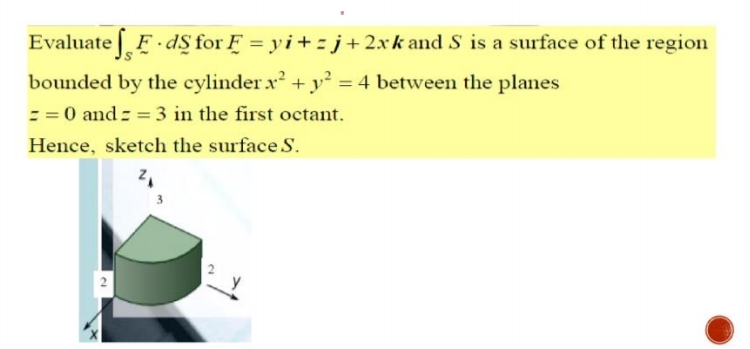 Evaluate [F d$ for F = yi+ =j+2xk and S is a surface of the region
bounded by the cylinder x + y = 4 between the planes
= = 0 and = 3 in the first octant.
%3D
Hence, sketch the surface S.
