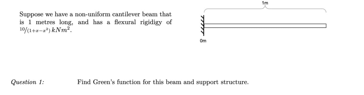 1m
Suppose we have a non-uniform cantilever beam that
is 1 metres long, and has a flexural rigidigy of
10/(1+2-2²) KNM².
Om
Question 1:
Find Green's function for this beam and support structure.
