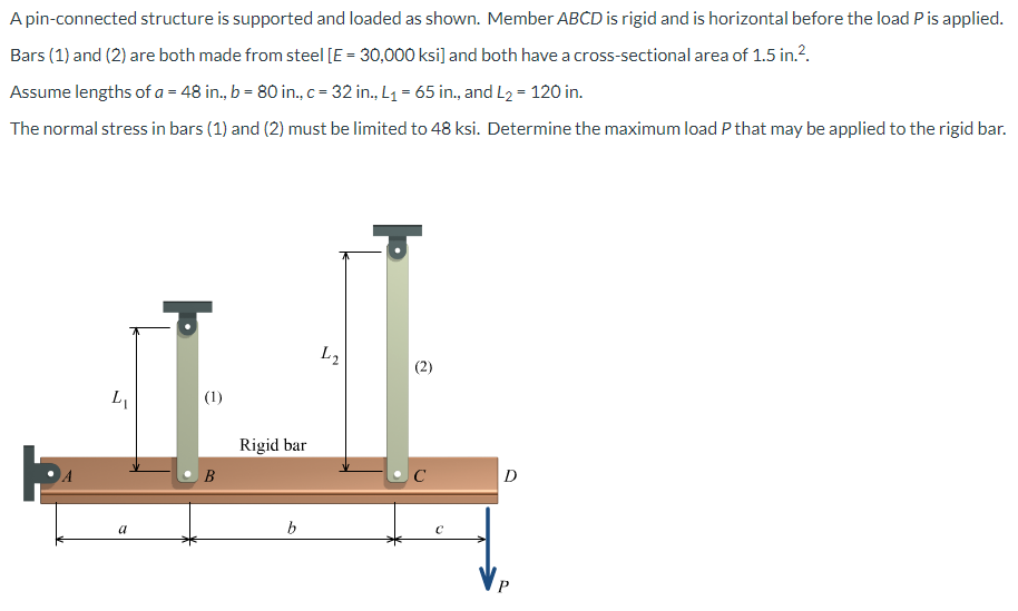 A pin-connected structure is supported and loaded as shown. Member ABCD is rigid and is horizontal before the load P is applied.
Bars (1) and (2) are both made from steel [E = 30,000 ksi] and both have a cross-sectional area of 1.5 in.².
Assume lengths of a = 48 in., b = 80 in., c = 32 in., L₁= 65 in., and L₂ = 120 in.
The normal stress in
L₁
a
bars (1) and (2) must be limited to 48 ksi. Determine the maximum load P that may be applied to the rigid bar.
Р
(1)
B
Rigid bar
b
L₂
с
D