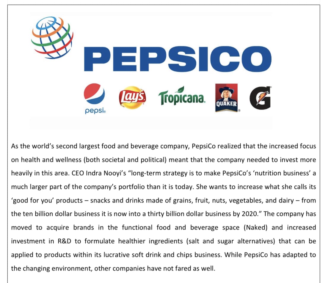 PEPSICO
Lays Tropicana.
QUAKER
pepsi.
As the world's second largest food and beverage company, PepsiCo realized that the increased focus
on health and wellness (both societal and political) meant that the company needed to invest more
heavily in this area. CEO Indra Nooyi's "long-term strategy is to make PepsiCo's 'nutrition business' a
much larger part of the company's portfolio than it is today. She wants to increase what she calls its
'good for you' products – snacks and drinks made of grains, fruit, nuts, vegetables, and dairy – from
the ten billion dollar business it is now into a thirty billion dollar business by 2020." The company has
moved to acquire brands in the functional food and beverage space (Naked) and increased
investment in R&D to formulate healthier ingredients (salt and sugar alternatives) that can be
applied to products within its lucrative soft drink and chips business. While PepsiCo has adapted to
the changing environment, other companies have not fared as well.
