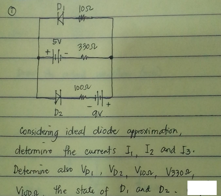5V
330SL
100SU
本
D2
gv
Considerng ideal diode approximation,
determimo fhe currents I,, Iz and I3.
Determine also Vp,, VDz, VIos, V330,
the state of Di and Dz
