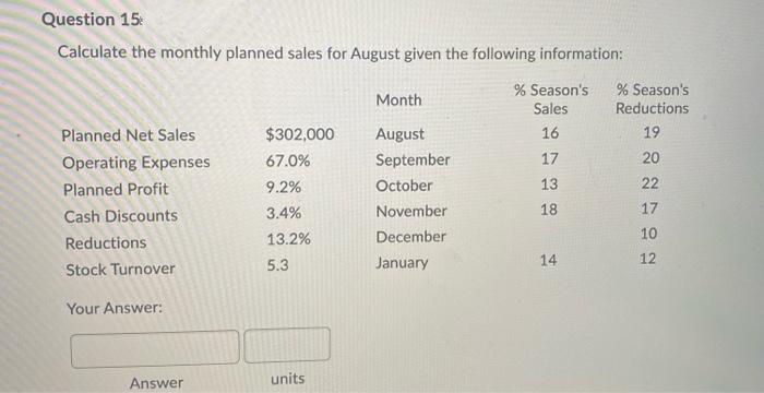 Question 15:
Calculate the monthly planned sales for August given the following information:
% Season's
% Season's
Month
Sales
Reductions
Planned Net Sales
$302,000
August
16
19
Operating Expenses
67.0%
September
17
20
Planned Profit
9.2%
October
13
22
Cash Discounts
3.4%
November
18
17
Reductions
13.2%
December
10
5.3
January
14
12
Stock Turnover
Your Answer:
Answer
units
