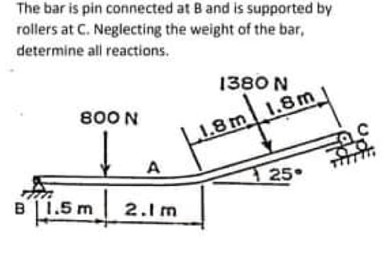 The bar is pin connected at B and is supported by
rollers at C. Neglecting the weight of the bar,
determine all reactions.
1380 N
800 N
1.8m
25.
B 1.5 m 2.Im
