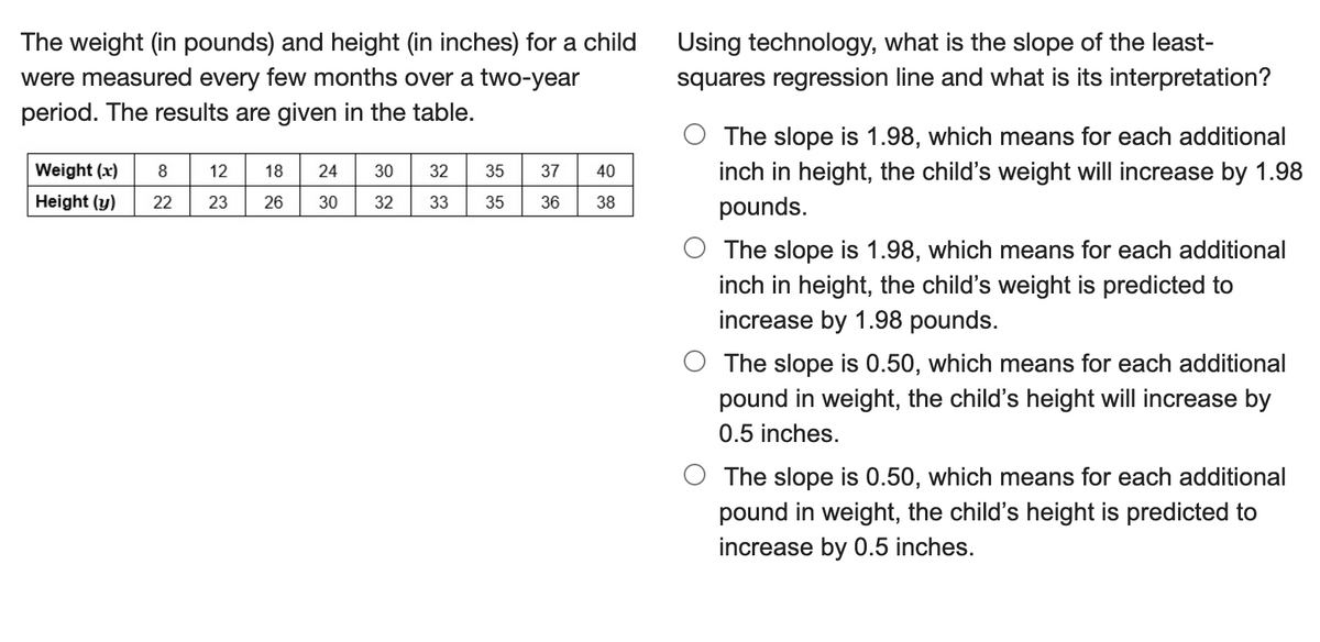 The weight (in pounds) and height (in inches) for a child
were measured every few months over a two-year
period. The results are given in the table.
Using technology, what is the slope of the least-
squares regression line and what is its interpretation?
The slope is 1.98, which means for each additional
inch in height, the child's weight will increase by 1.98
pounds.
Weight (x)
12
18
24
30
32
35
37
40
Height (y)
22
23
26
30
32
33
35
36
38
The slope is 1.98, which means for each additional
inch in height, the child's weight is predicted to
increase by 1.98 pounds.
O The slope is 0.50, which means for each additional
pound in weight, the child's height will increase by
0.5 inches.
O The slope is 0.50, which means for each additional
pound in weight, the child's height is predicted to
increase by 0.5 inches.
