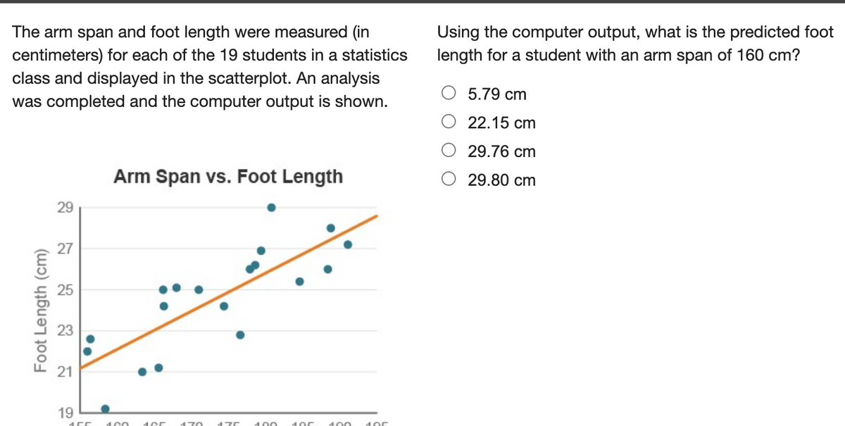 The arm span and foot length were measured (in
centimeters) for each of the 19 students in a statistics
class and displayed in the scatterplot. An analysis
Using the computer output, what is the predicted foot
length for a student with an arm span of 160 cm?
5.79 cm
was completed and the computer output is shown.
22.15 cm
29.76 cm
Arm Span vs. Foot Length
29.80 cm
29
27
19
170
100
105
100
Foot Length (cm)
