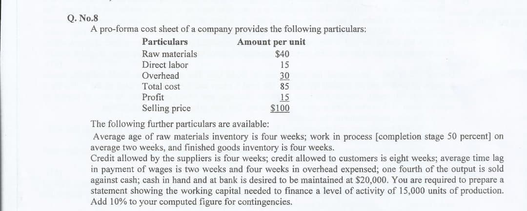 Q. No.8
A pro-forma cost sheet of a company provides the following particulars:
Particulars
Amount per unit
$40
Raw materials
Direct labor
15
Overhead
30
85
Total cost
Profit
15
$100
Selling price
