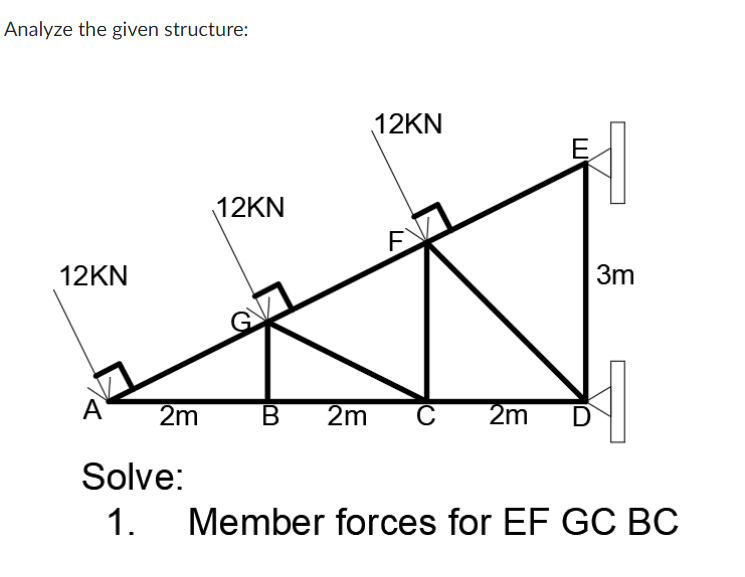 Analyze the given structure:
12KN
12KN
12KN
3m
A
2m
2m
2m
D
Solve:
1.
Member forces for EF GC BC
