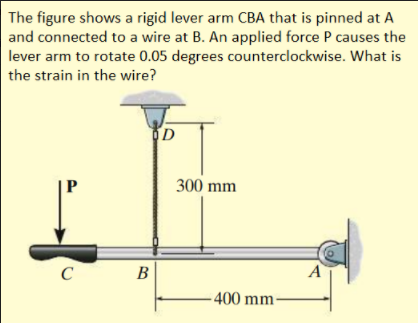 The figure shows a rigid lever arm CBA that is pinned at A
and connected to a wire at B. An applied force P causes the
lever arm to rotate 0.05 degrees counterclockwise. What is
the strain in the wire?
P
300 mm
C
В
A
-400 mm-

