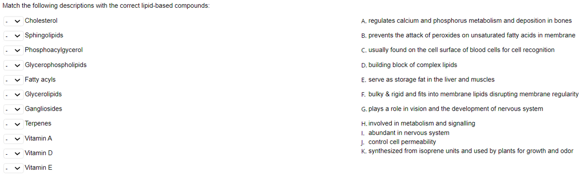Match the following descriptions with the correct lipid-based compounds:
v Cholesterol
A. regulates calcium and phosphorus metabolism and deposition in bones
v Sphingolipids
B. prevents the attack of peroxides on unsaturated fatty acids in membrane
v Phosphoacylgycerol
C. usually found on the cell surface of blood cells for cell recognition
v Glycerophospholipids
D. building block of complex lipids
v Fatty acyls
E. serve as storage fat in the liver and muscles
v Glycerolipids
F. bulky & rigid and fits into membrane lipids disrupting membrane regularity
v Gangliosides
G. plays a role in vision and the development of nervous system
H. involved in metabolism and signalling
I. abundant in nervous system
J. control cell permeability
K. synthesized from isoprene units and used by plants for growth and odor
v Terpenes
v Vitamin A
Vitamin D
Vitamin E
