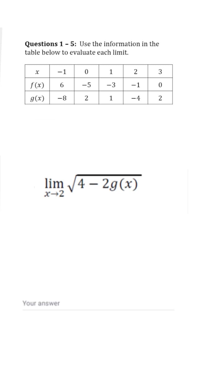 Questions 1 - 5: Use the information in the
table below to evaluate each limit.
х
-1
2
3
f(x)
-5
-3
-1
g(x)
-8
1
-4
2
lim /4 – 2g(x)
x→2
Your answer
2.
