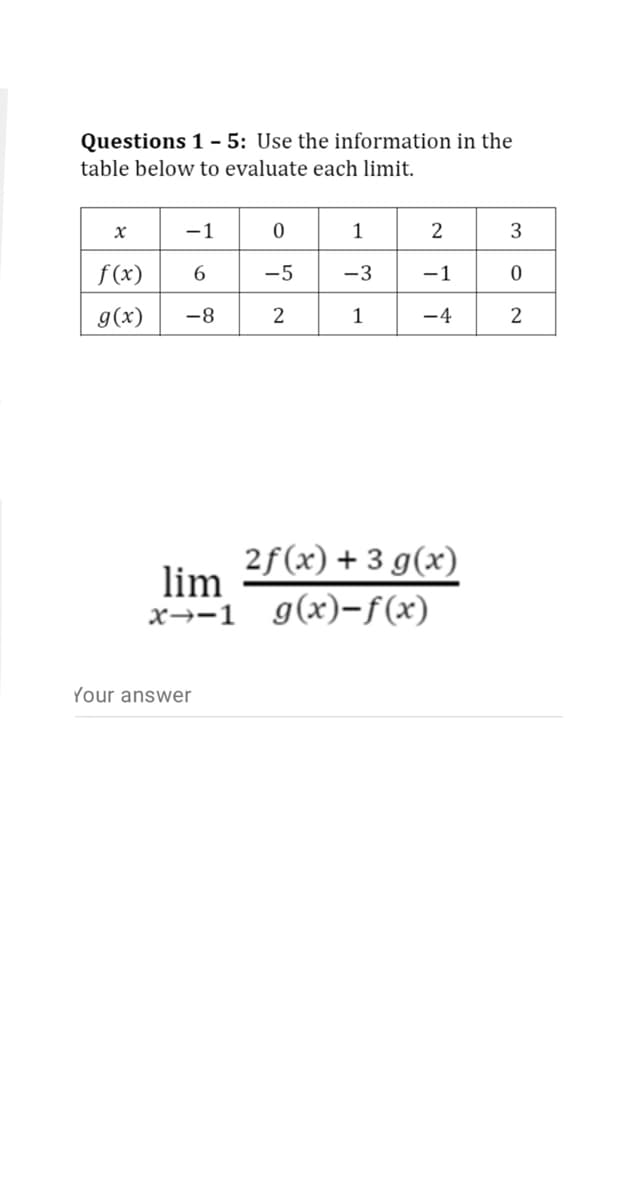 Questions 1 – 5: Use the information in the
table below to evaluate each limit.
-1
1
2
3
f(x)
-5
-3
-1
g(x)
-8
1
-4
2
2f(x) + 3 g(x)
lim
x→-1
g(x)-f(x)
Your answer
2.
