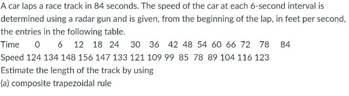 A car laps a race track in 84 seconds. The speed of the car at each 6-second interval is
determined using a radar gun and is given, from the beginning of the lap, in feet per second,
the entries in the following table.
Time
6 12 18 24
30 36 42 48 54 60 66 72 78 84
Speed 124 134 148 156 147 133 121 109 99 85 78 89 104 116 123
Estimate the length of the track by using
(a) composite trapezoidal rule
