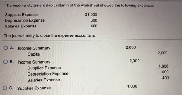 The income statement debit column of the worksheet showed the following expenses:
$1,000
Supplies Expense
Depreciation Expense
Salaries Expense
600
400
The journal entry to close the expense accounts is:
O A. Income Summary
2,000
Capital
2,000
2,000
O B. Income Summary
Supplies Expense
Depreciation Expense
1,000
600
400
Salaries Expense
1,000
OC. Supplies Expense

