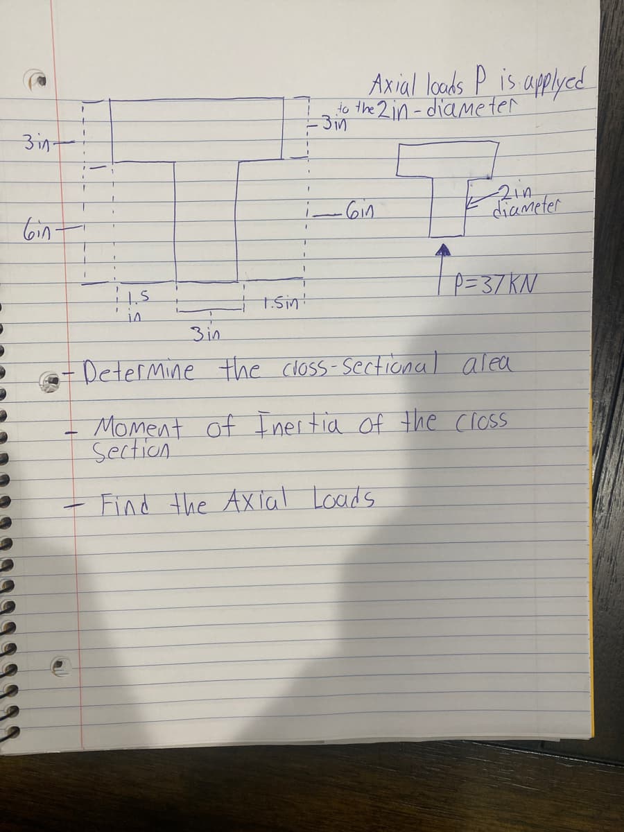 Axial loads P is applyced
to the 2in-diameter
3in-
diameter
toin
IP=37KN
t.Sint
in
3in
-DeterMine the closs-sectional alea
Moment of Inertia of the closs
Section
- Find the Axial Loads
