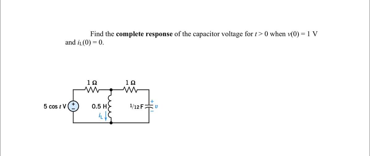 Find the complete response of the capacitor voltage for t>0 when v(0) = 1 V
and iL(0) = 0.
10
5 cos t V
0.5 H
1/12 F>
