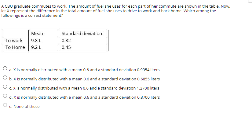 A CBU graduate commutes to work. The amount of fuel she uses for each part of her commute are shown in the table. Now,
let X represent the difference in the total amount of fuel she uses to drive to work and back home. Which among the
followings is a correct statement?
Mean
Standard deviation
To work
9.8 L
0.82
To Home 9.2 L
0.45
O a. X is normally distributed with a mean 0.6 and a standard deviation 0.9354 liters
O b. X is normally distributed with a mean 0.6 and a standard deviation 0.6855 liters
O c.X is normally distributed with a mean 0.6 and a standard deviation 1.2700 liters
d. X is normally distributed with a mean 0.6 and a standard deviation 0.3700 liters
e. None of these
