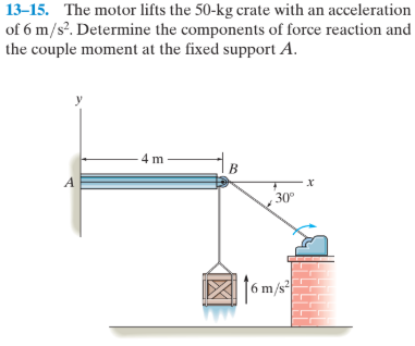 13-15. The motor lifts the 50-kg crate with an acceleration
of 6 m/s?. Determine the components of force reaction and
the couple moment at the fixed support A.
4 m
30°
X 16 m/s
