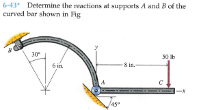 6-43 Determine the reactions at supports A and B of the
curved bar shown in Fig
30
50 Ib
6 in.
8 in.-
Jaso
45°

