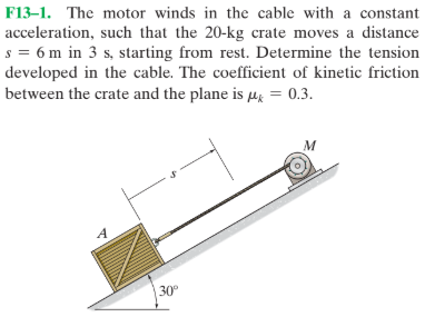 F13–1. The motor winds in the cable with a constant
acceleration, such that the 20-kg crate moves a distance
s = 6 m in 3 s, starting from rest. Determine the tension
developed in the cable. The coefficient of kinetic friction
between the crate and the plane is µg = 0.3.
м
A
30°
