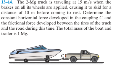 13–14. The 2-Mg truck is traveling at 15 m/s when the
brakes on all its wheels are applied, causing it to skid for a
distance of 10 m before coming to rest. Determine the
constant horizontal force developed in the coupling C, and
the frictional force developed between the tires of the truck
and the road during this time. The total mass of the boat and
trailer is 1 Mg.
