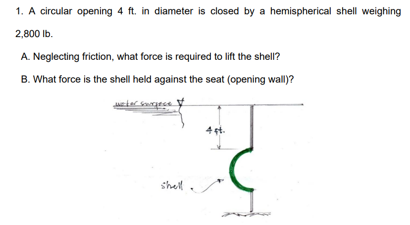 1. A circular opening 4 ft. in diameter is closed by a hemispherical shell weighing
2,800 lb.
A. Neglecting friction, what force is required to lift the shell?
B. What force is the shell held against the seat (opening wall)?
water surface
4 ft.
shell