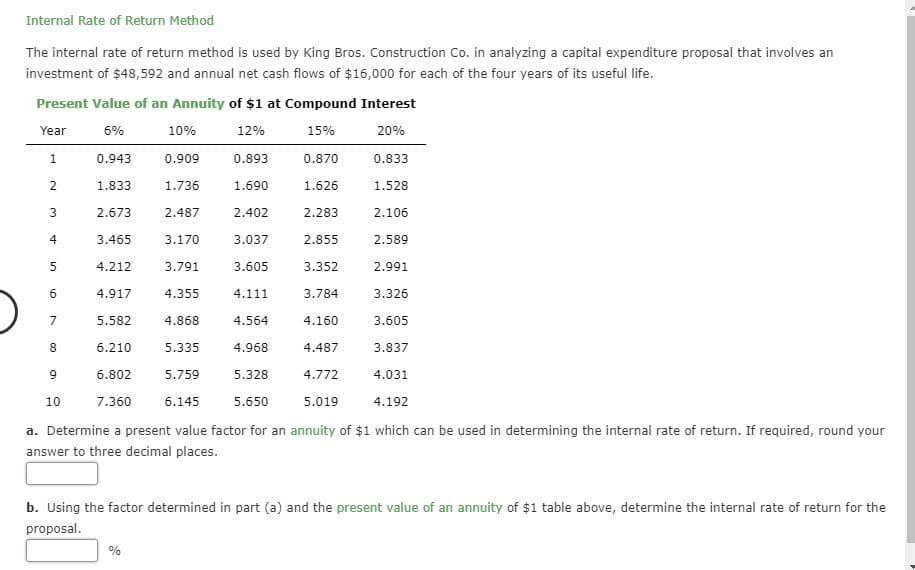 Internal Rate of Return Method
The internal rate of return method is used by King Bros. Construction Co. in analyzing a capital expenditure proposal that involves an
investment of $48,592 and annual net cash flows of $16,000 for each of the four years of its useful life.
Present Value of an Annuity of $1 at Compound Interest
Year
6%
10%
12%
15%
20%
1
0.943
0.909
0.893
0.870
0.833
2
1.833
1.736
1.690
1.626
1.528
3
2.673
2.487
2.402
2.283
2.106
3.465
4
3.170
3.037
2.855
2.589
5
4.212
3.791
3.605
3.352
2.991
4.917
4.355
6
4.111
3.784
3.326
4.160
7
5.582
4.868
4.564
3.605
8
6.210
5.335
4.968
4.487
3.837
5.759
6.802
5.328
4.772
4.031
6.145
10
7,360
5.650
5.019
4.192
a. Determine a present value factor for an annuity of $1 which can be used in determining the internal rate of return. If required, round your
answer to three decimal places.
b. Using the factor determined in part (a) and the present value of an annuity of $1 table above, determine the internal rate of return for the
proposal.
%
