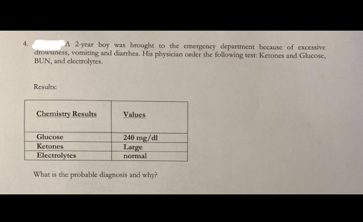 A 2-year boy was brought to the emergency department because of excessive
drowsiness, vomiting and diarrhea. His physician order the following test: Ketones and Glucose,
BUN, and electrolytes.
Results:
Chemistry Results
Values
Glucose
240 mg/dl
Large
Ketones
Electrolytes
normal
What is the probable diagnosis and why?
