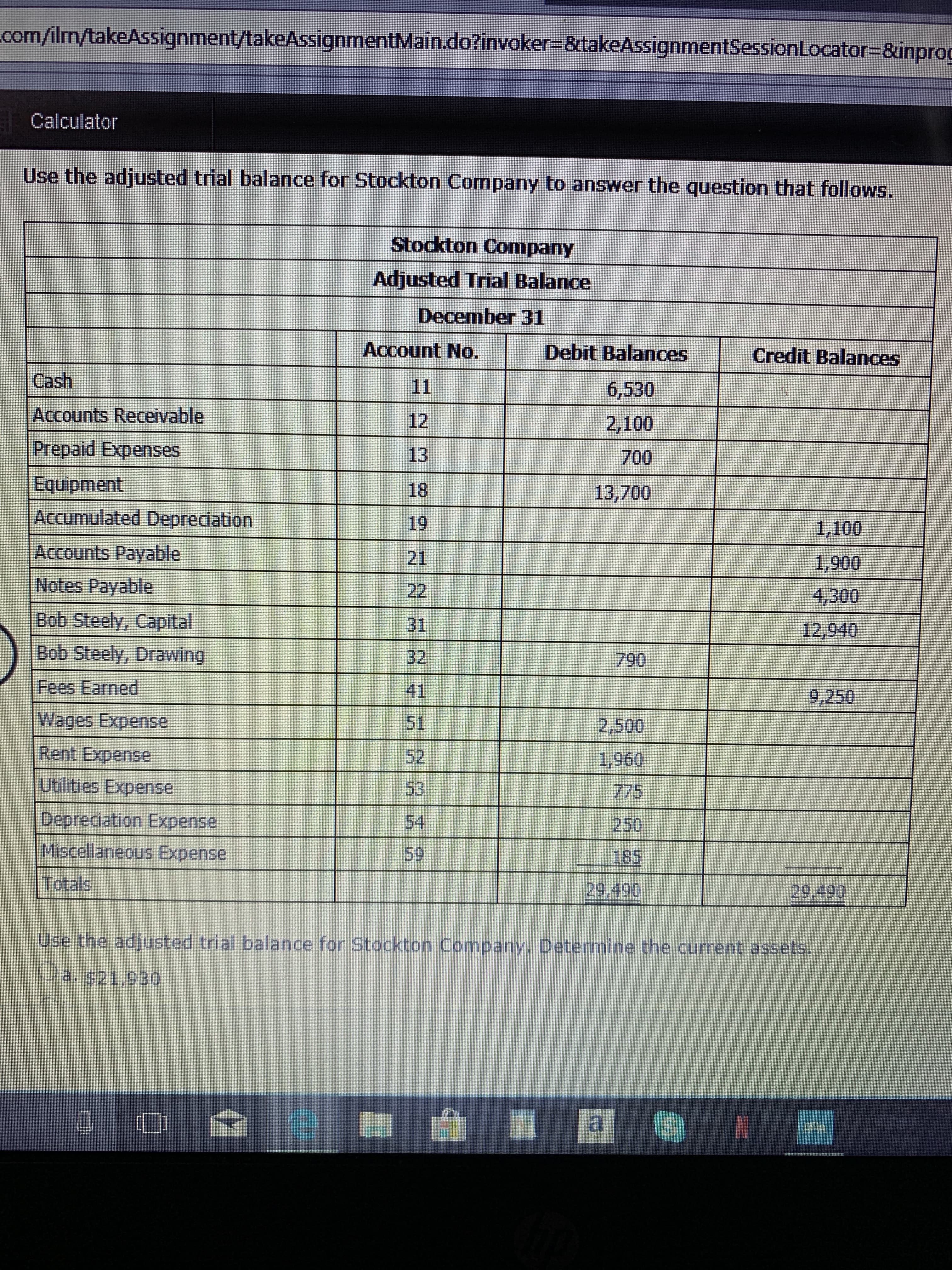 com/ilm/takeAssignment/takeAssignmentMain.do?invoker-&takeAssignmentSessionLocator=&inpro0
Calculator
Use the adjusted trial balance for Stockton Company to answer the question that follows.
Stockton Company
Adjusted Trial Balance
December 31
Account No.
Debit Balances
Credit Balances
Cash
11
6,530
Accounts Receivable
12
2,100
Prepaid Expenses
13
700
Equipment
Accumulated Depreciation
18
13,700
19
1,100
Accounts Payable
21
1,900
Notes Payable
22
4,300
Bob Steely, Capital
Bob Steely, Drawing
31
12,940
32
790
Fees Earned
41
9,250
Wages Expense
51
2,500
Rent Expense
Utilities Expense
52
1,960
53
775
Depreciation Expense
Miscellaneous Expense
54
250
59
185
Totals
29.490
29,490
Use the adjusted trial balance for Stockton Company. Determine the current assets.
Oa. $21.930
