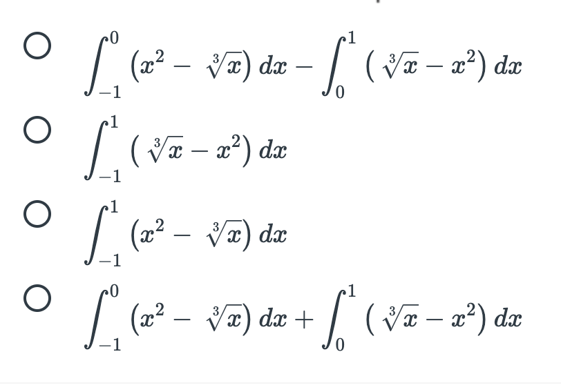 | ( - a²) da
2
Væ) dx
-
-1
0.
1
(Va – x²) dx
-1
(2?
3,
Vx) dx
-
-1
(22
( VE – a²) dæ
3
Vx) dx +
-
-1
