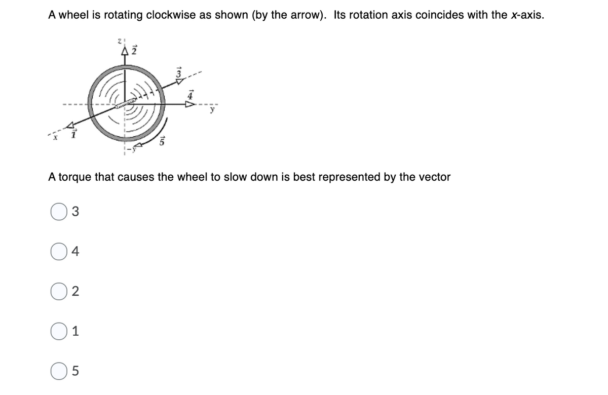 A wheel is rotating clockwise as shown (by the arrow). Its rotation axis coincides with the x-axis.
A torque that causes the wheel to slow down is best represented by the vector
O4
2
5
