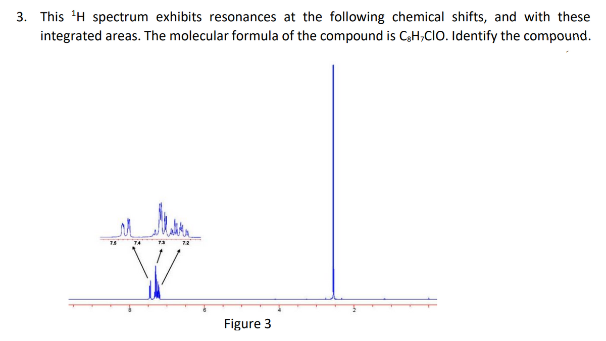 3. This 'H spectrum exhibits resonances at the following chemical shifts, and with these
integrated areas. The molecular formula of the compound is C3H,CIO. Identify the compound.
7.5
7.4
7.3
7.2
Figure 3
