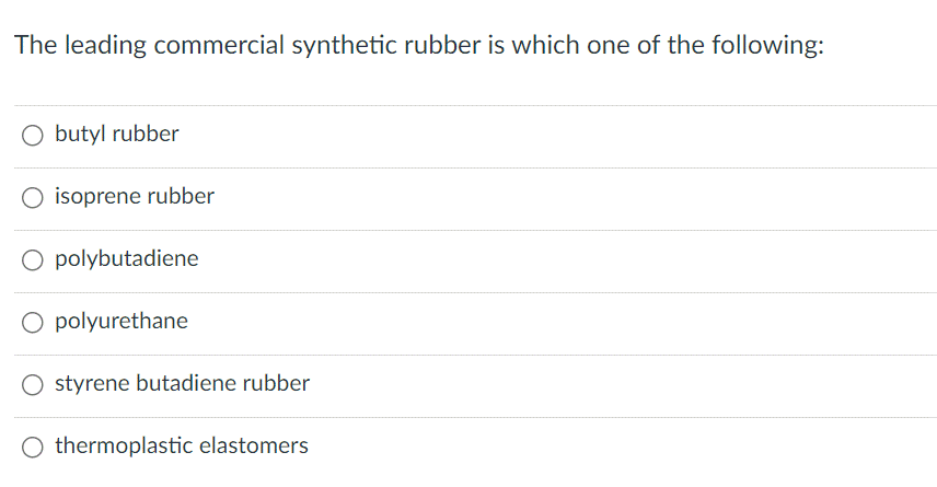 The leading commercial synthetic rubber is which one of the following:
O butyl rubber
O isoprene rubber
polybutadiene
O polyurethane
styrene butadiene rubber
O thermoplastic elastomers