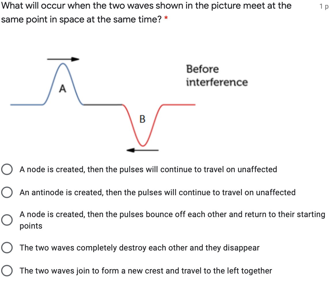 What will occur when the two waves shown in the picture meet at the
1 p
same point in space at the same time? *
Before
interference
A
B
O A node is created, then the pulses will continue to travel on unaffected
O An antinode is created, then the pulses will continue to travel on unaffected
A node is created, then the pulses bounce off each other and return to their starting
points
O The two waves completely destroy each other and they disappear
O The two waves join to form a new crest and travel to the left together
